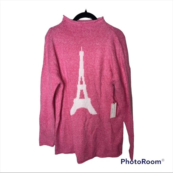 NWT CUPCAKES & CASHMERE Revolve Pink Mock Neck Eiffel Tower Pullover Sweater XL - Picture 1 of 3
